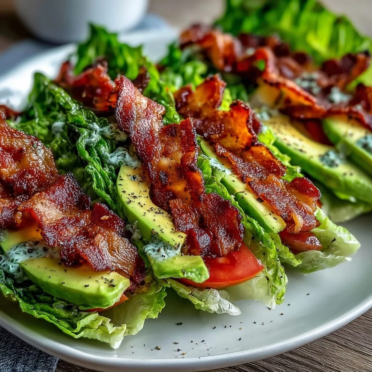 Crunchy lettuce leaves rolled with bacon, tomato, avocado, and zesty garlic mayo, seasoned with plenty of cracked black pepper.