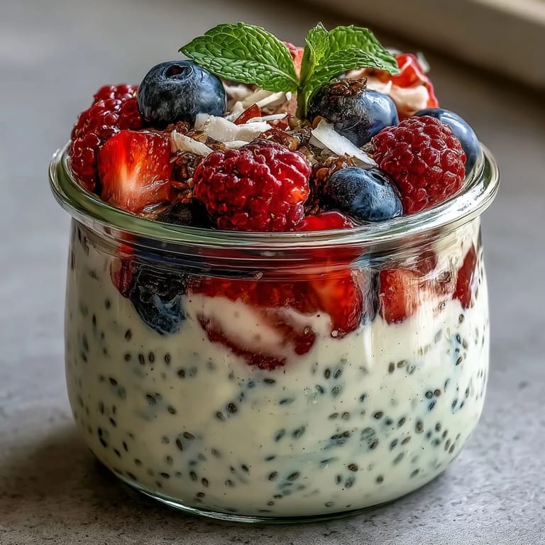 Refreshing vegan chia pudding cups layered with strawberries, blueberries, and raspberries for a nutrient-packed start.  