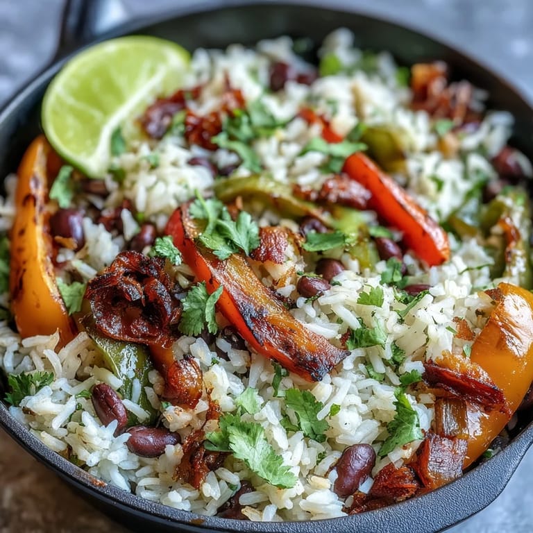 Flavorful vegan fajita rice skillet featuring sautéed peppers, onions, black beans, and fajita spices, garnished with avocado slices.