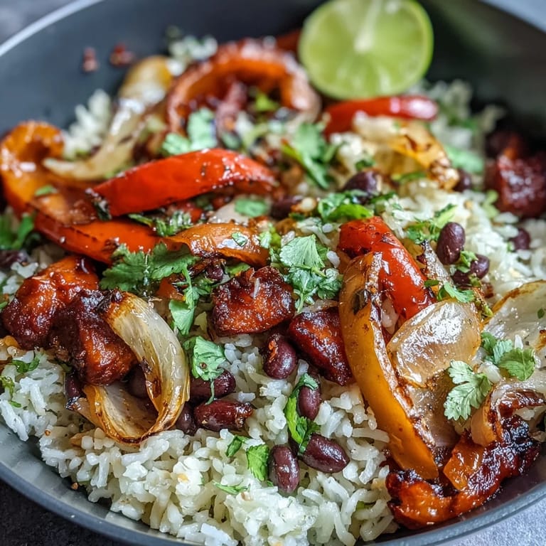 Smoky, spiced one-pan vegan fajita rice with tender peppers, hearty black beans, and fluffy rice for an easy dinner.  