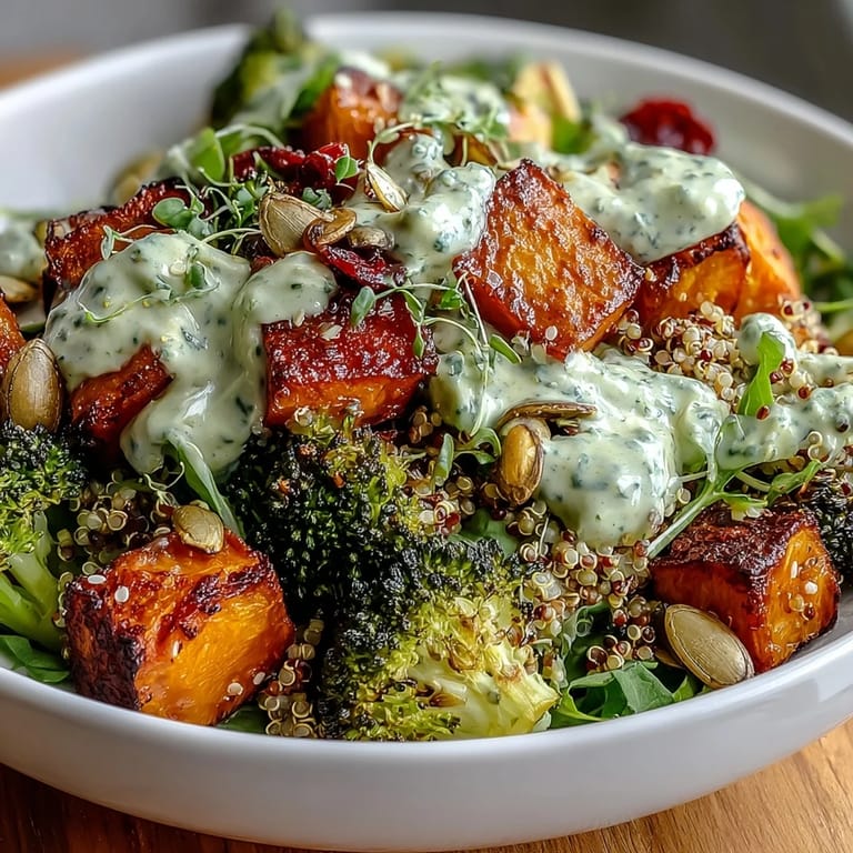 Colorful roasted veggie Buddha bowl featuring quinoa, chickpeas, and a rich, herby avocado dressing. Healthy and satisfying.  