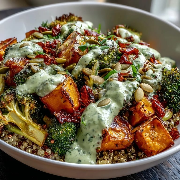 Wholesome vegan Buddha bowl with seasonal roasted vegetables, hearty grains, and a luscious green goddess avocado dressing.