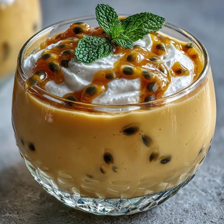 3. Light and airy passionfruit mousse garnished with extra passionfruit seeds and mint leaves, perfect for a refreshing summer treat.