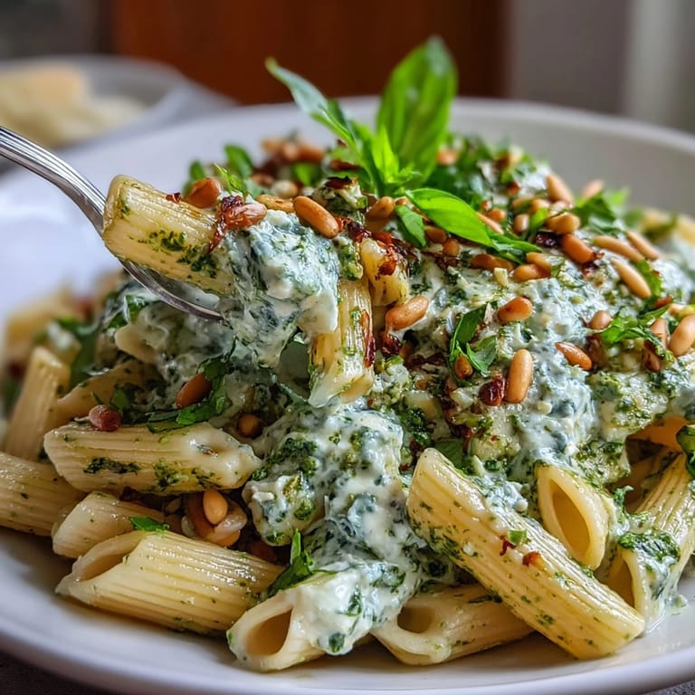 Vibrant pesto pasta tossed in a rich cream cheese sauce, garnished with basil and crunchy pine nuts for a satisfying meal.  