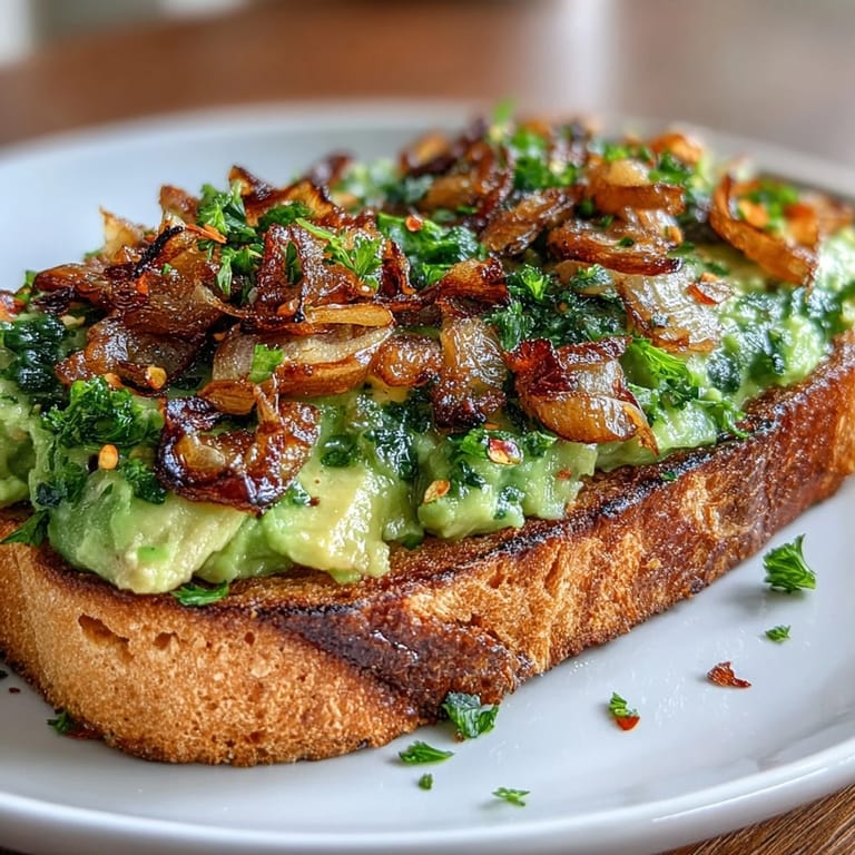 Creamy mashed avocado spread on toasted sourdough, drizzled with tangy chilli-lime dressing and topped with golden crispy shallots.