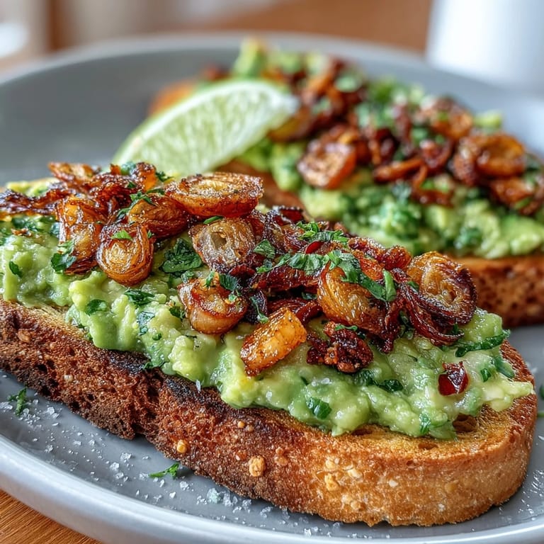 Zesty avocado toast featuring a bold chilli-lime dressing, fresh cilantro, and crunchy fried shallots on crusty sourdough bread.