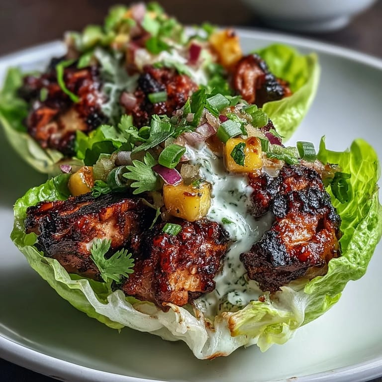 Spicy jerk chicken nestled in crunchy lettuce leaves, garnished with sweet mango salsa and zesty coconut crema for a light, flavorful appetizer.