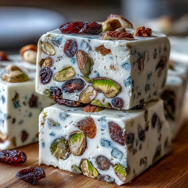 Soft and chewy nougat candy loaded with roasted pistachios and an assortment of dried fruits.