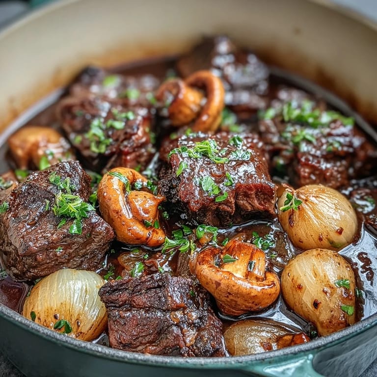 Wild Mushroom Beef Bourguignon served in a Dutch oven, showcasing glossy, deeply flavored beef and vegetables braised to perfection.