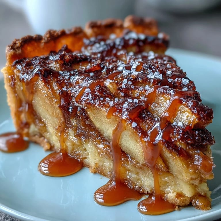 Warmly spiced apples rest in a buttery crust, topped with homemade salted caramel and a sprinkle of flaky sea salt.