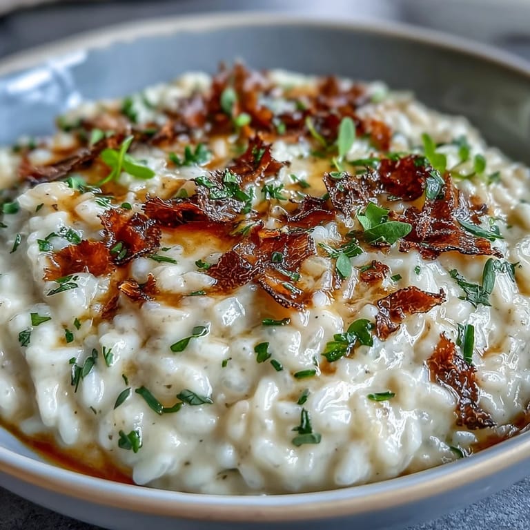 Elegant truffle risotto with vibrant pea shoots, showcasing earthy truffle flavors and creamy Arborio rice texture.
