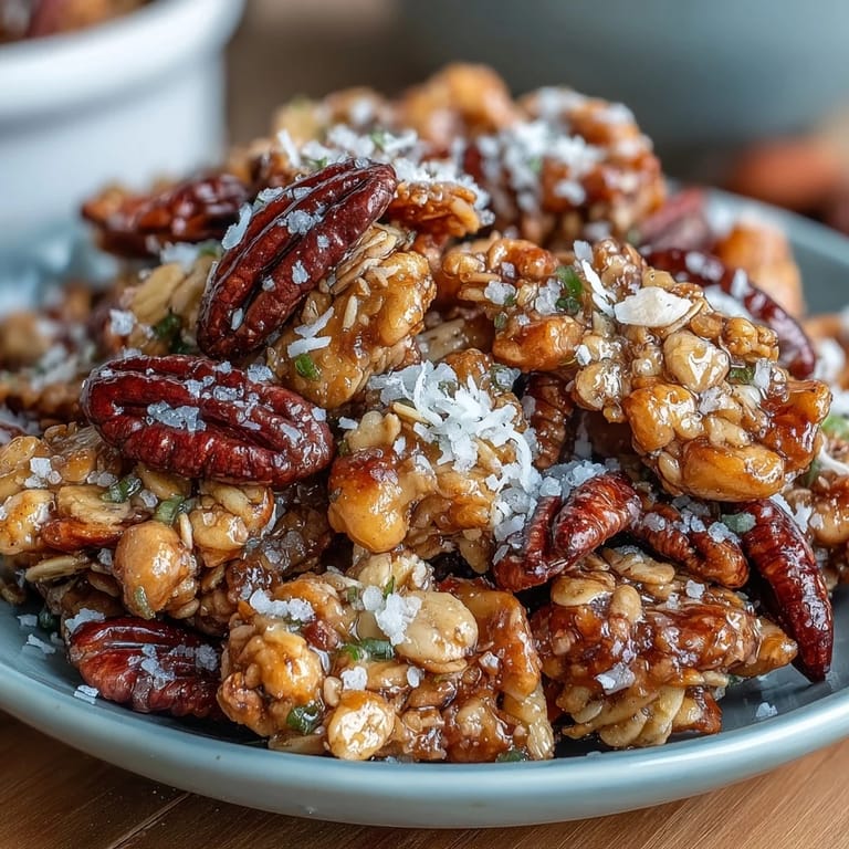 Aromatic salted honey granola featuring golden oats, rich nuts, and a touch of cinnamon for warmth.