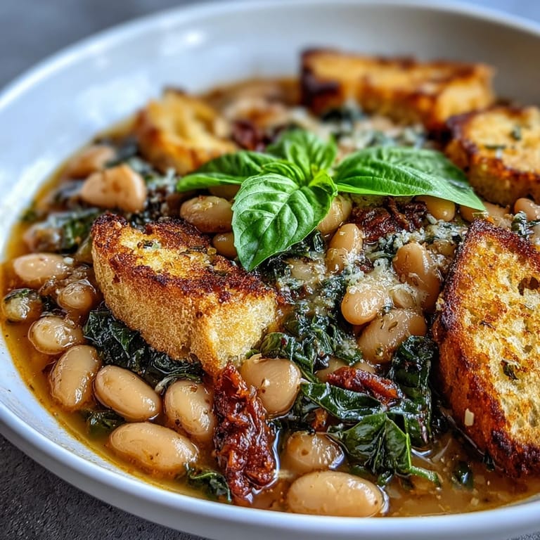 Comforting Tuscan Ribollita featuring tender cannellini beans, kale, and crunchy sourdough croutons for a satisfying vegetarian meal.