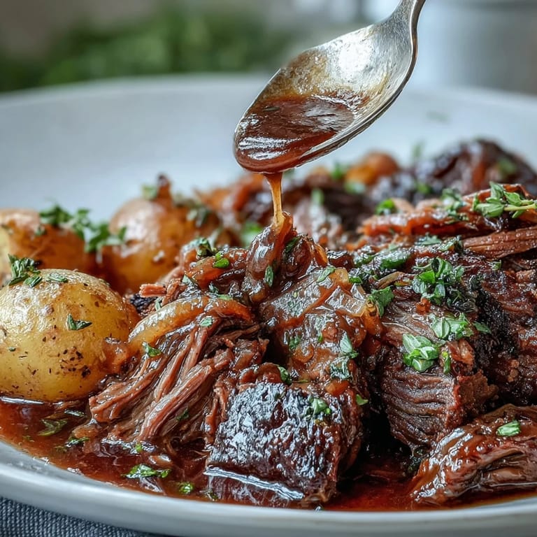 Comforting pot roast simmered with onion soup mix, served with tender potatoes and a flavorful broth.