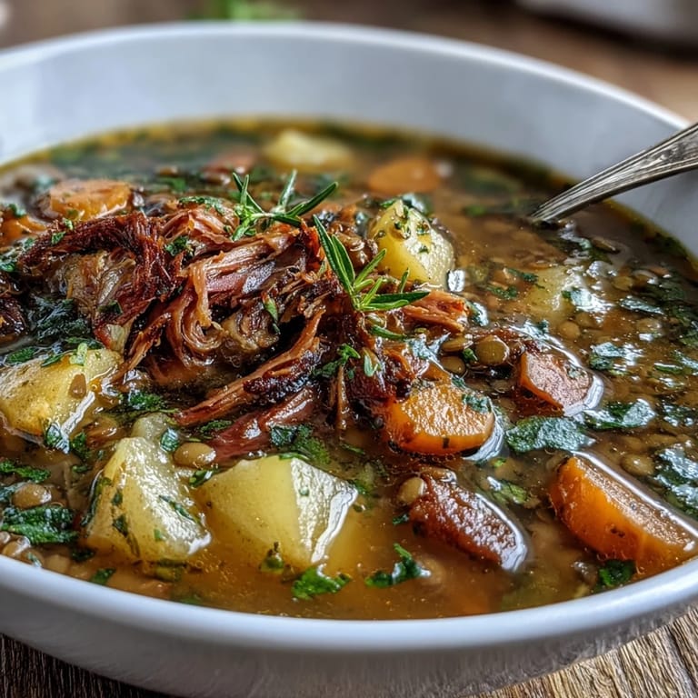 A comforting bowl of ham bone and lentil soup with parsnips, carrots, and celery, garnished with fresh parsley.  