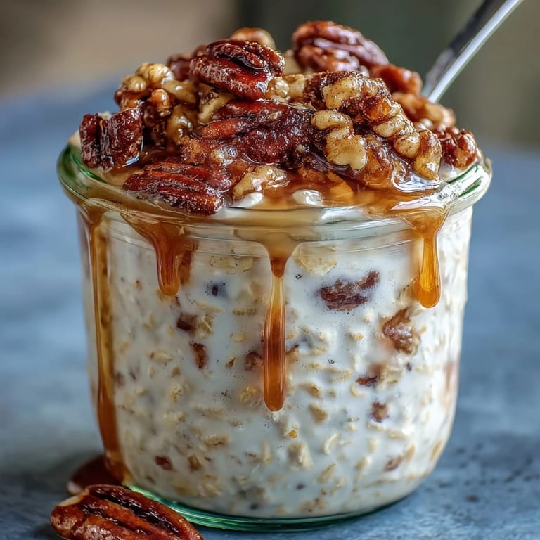 Velvety Greek yogurt oats layered with golden, caramelized pecans and a sweet maple syrup topping.  