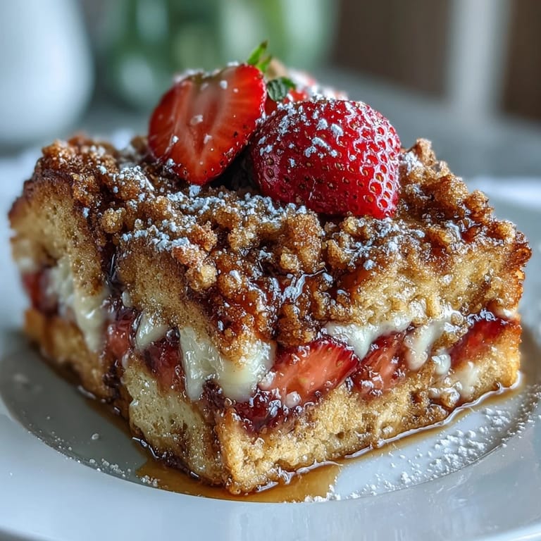 A make-ahead strawberry French toast casserole with a golden crust, served warm with maple syrup and powdered sugar.