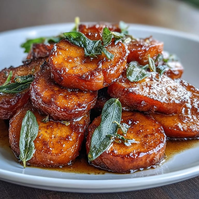 Sweet and tender candied yams drizzled with brown butter-sage syrup, baked until caramelized and perfect for your Thanksgiving table.