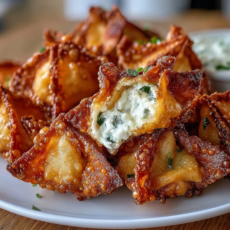 Delightfully crunchy wontons bursting with savory cream cheese filling, air-fried to golden perfection and ready for dipping.