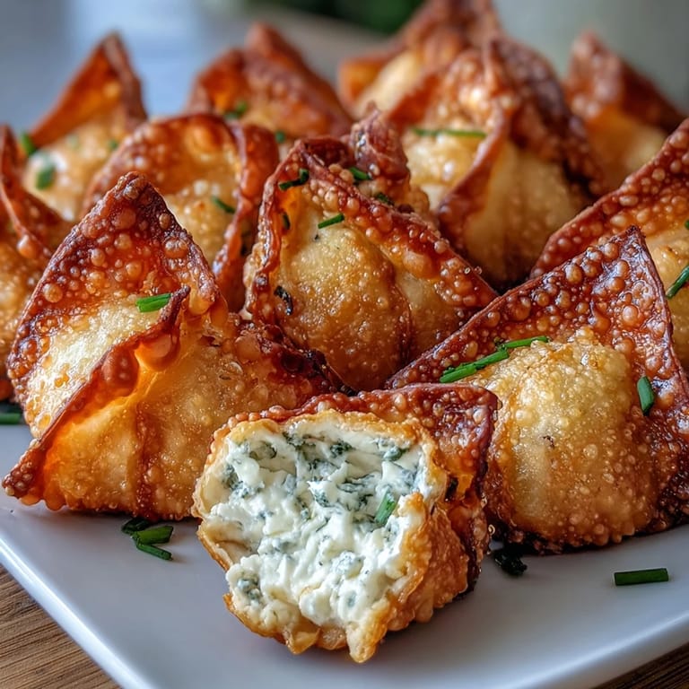 Plump, crispy wontons with a rich, creamy center, garnished with fresh chives and served alongside a vibrant dipping sauce.