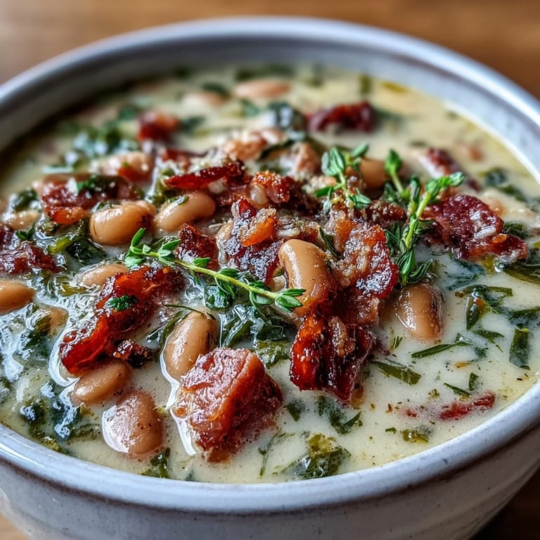 Rich and aromatic ham and navy bean soup featuring smoky ham, creamy navy beans, and fragrant fresh thyme, perfect for a cozy dinner.