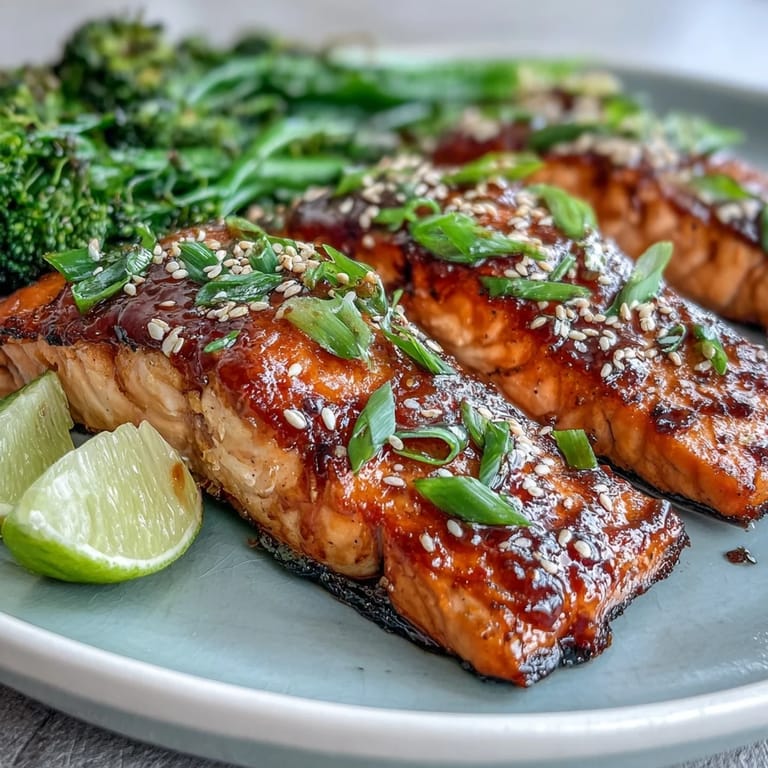 Oven-roasted salmon glazed in sweet and savory honey-soy sauce, plated with sesame broccoli and lime wedges.