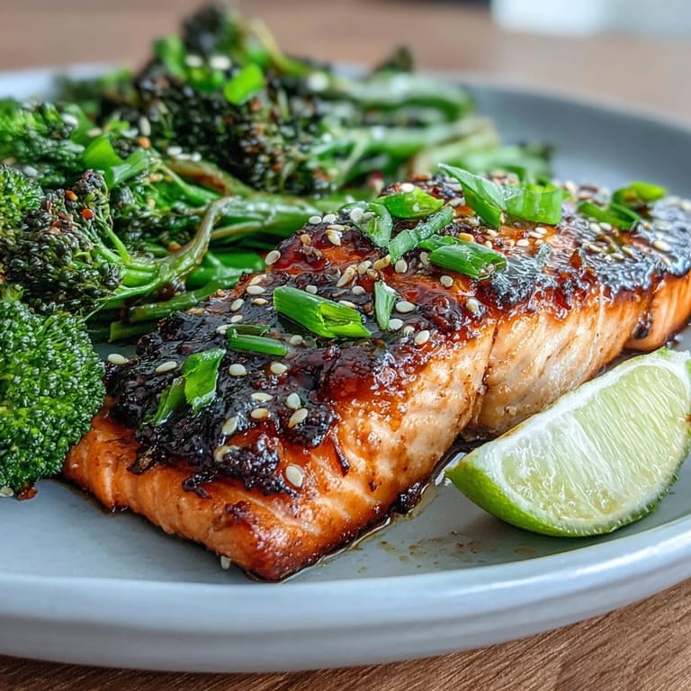 Succulent salmon with a glossy honey-soy glaze rests on crisp-tender sesame broccoli, garnished with fresh scallions.