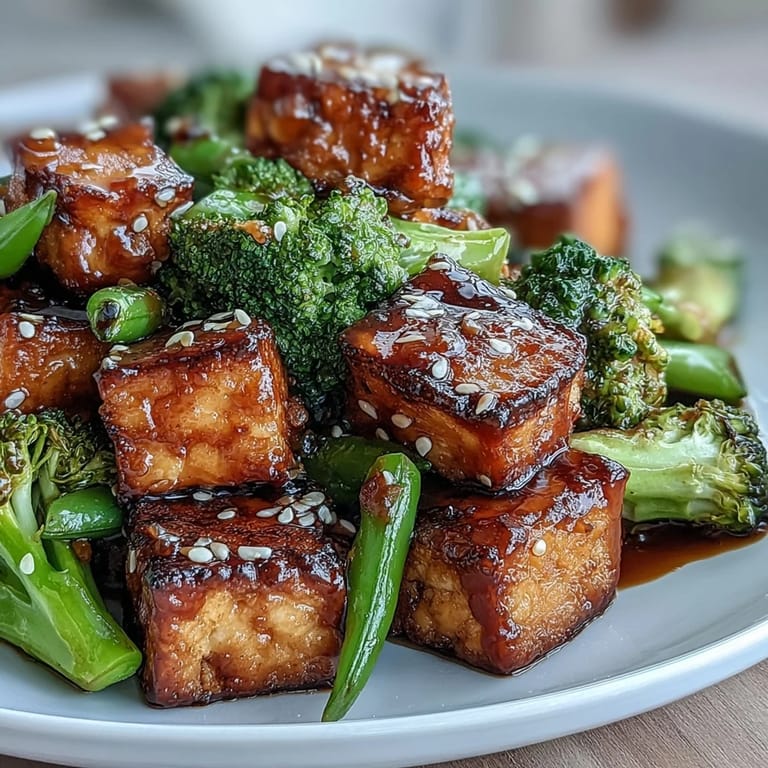 Savory teriyaki stir-fry with golden tofu cubes, fresh broccoli, snap peas, and bell pepper for a healthy plant-based meal.  