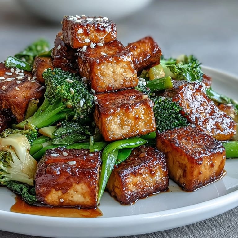 Aromatic teriyaki tofu stir-fry packed with crisp vegetables, garnished with sesame seeds and green onions for an Asian-inspired dinner.