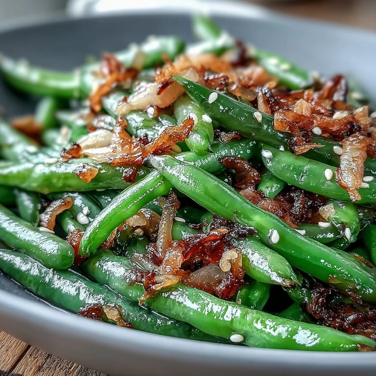 Crispy fried onions top tender green beans sautéed with fragrant garlic and sesame oil, creating a crunchy and flavorful vegetarian recipe.  
