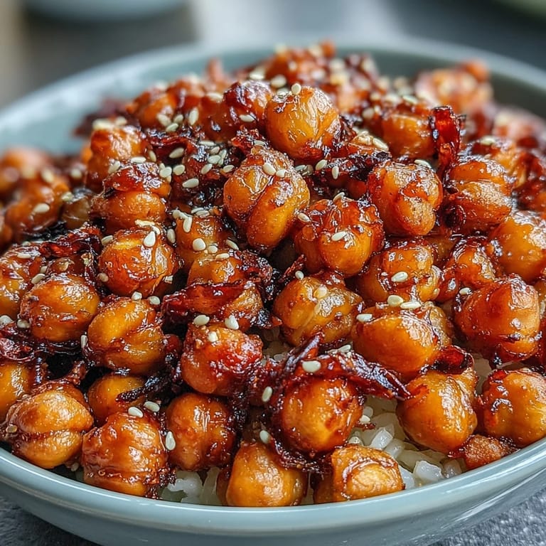 Golden roasted chickpeas tossed in chili garlic sauce, garnished with scallions and sesame seeds atop fluffy jasmine rice.  