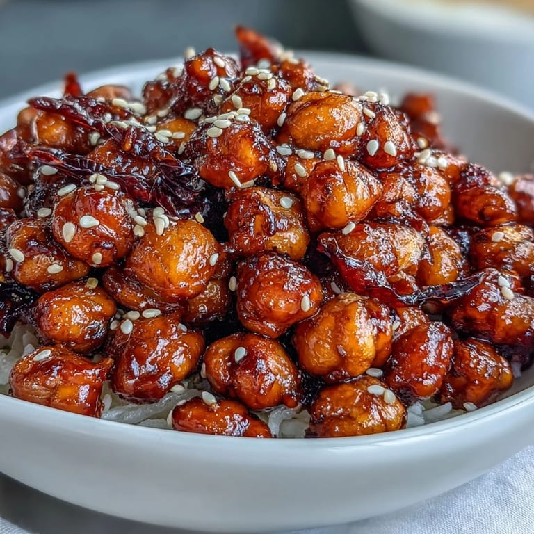 Vegan chili garlic crispy chickpeas over jasmine rice, garnished with fresh cilantro and lime for a bold, flavorful meal.