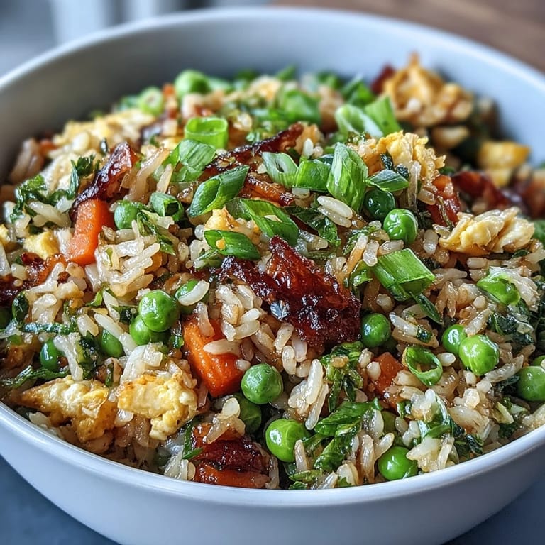 Asian-inspired fried rice with tender spring peas, diced carrots, and fluffy jasmine rice, perfect for a quick meal.