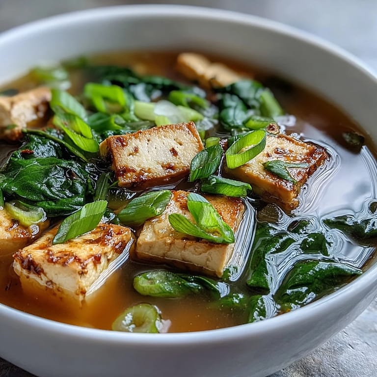 Comforting bowl of miso soup featuring tender tofu cubes, vibrant spinach, and aromatic scallions.  