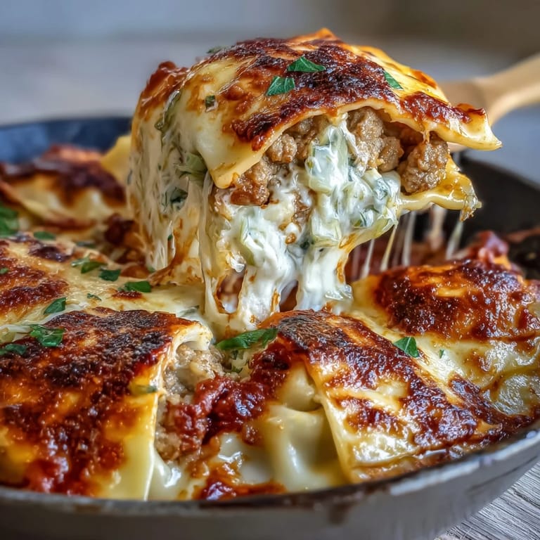 Easy skillet recipe combining the comfort of lasagna with dumpling layers, topped with melted mozzarella and Parmesan for a satisfying dinner.