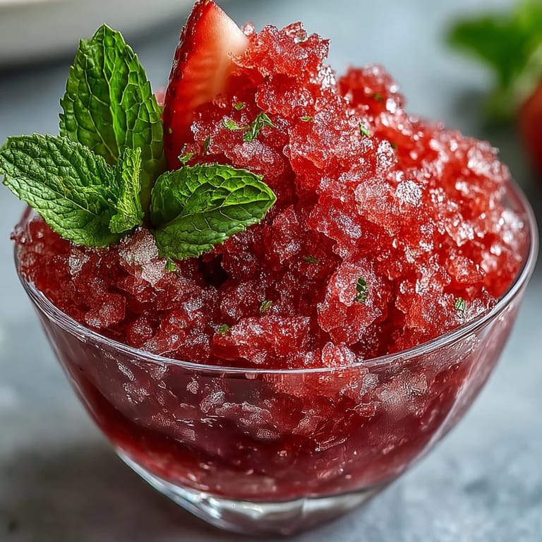 Fluffy frozen strawberry lime daiquiri granita, served in dessert cups with lime wedges and mint for a boozy, icy treat.