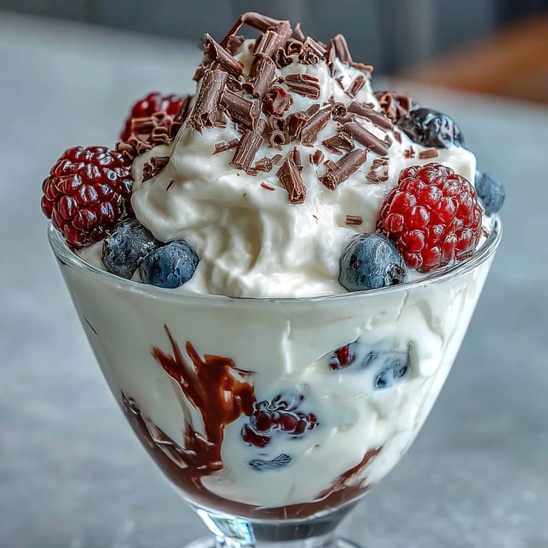 Creamy Greek yogurt layered with sweet berries and dark chocolate shavings, served in elegant glasses for a refreshing dessert.