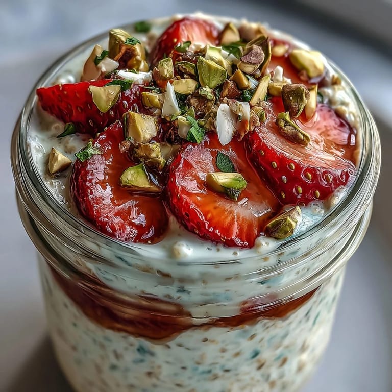 Make-ahead strawberry pistachio overnight oats, featuring a medley of juicy fruit, toasted nuts, and a honey drizzle for balanced flavor.
