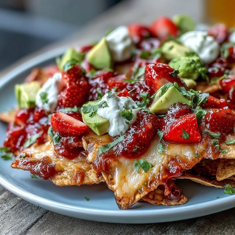 Colorful nachos loaded with black beans, avocado, and zesty strawberry salsa, perfect for festive gatherings.  