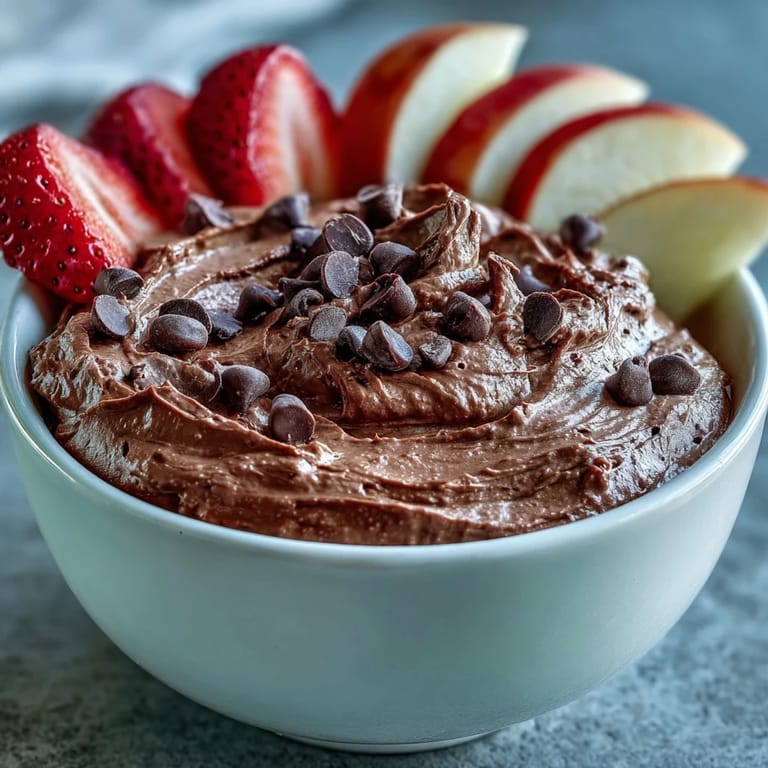 Rich and creamy Cottage Cheese Brownie Batter Dip swirled with chocolate chips, served with colorful fresh fruit dippers.