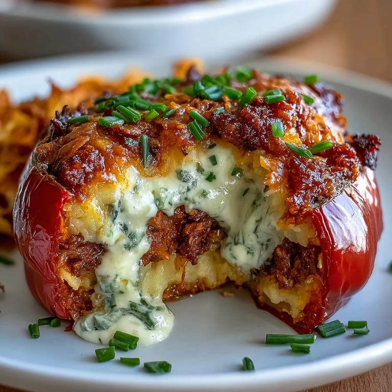 Cheesy funeral potatoes are transformed into a comforting stuffed pepper dish, with layers of melted cheddar, hash browns, and a golden breadcrumb topping.
