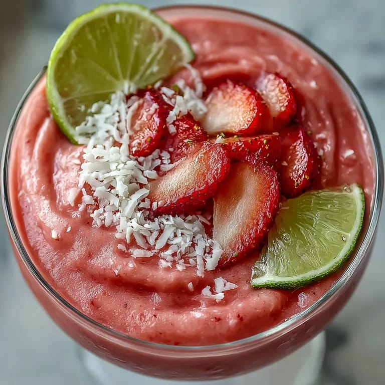 Creamy strawberry coconut smoothie served with lime wedges, blending tropical flavors for a refreshing, alcohol-free treat.  