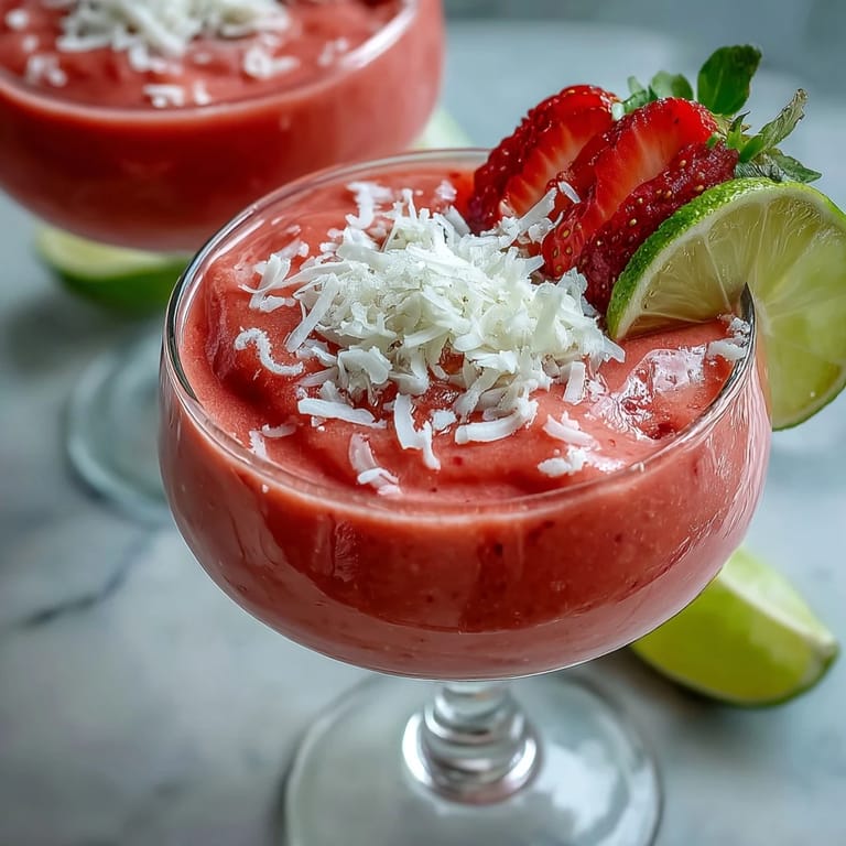 Chilled strawberry coconut daiquiri smoothie topped with coconut flakes and fresh berries, perfect for summer sipping.