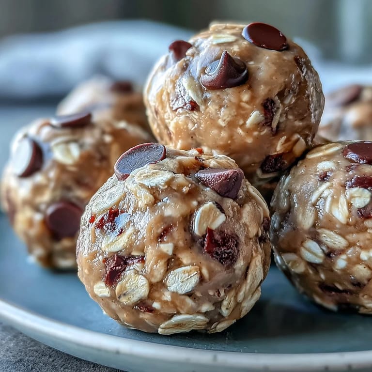 Close-up view of Peanut Butter Energy Balls with Dark Chocolate Chips, highlighting the texture of oats and melted chocolate chips in each bite-sized treat.