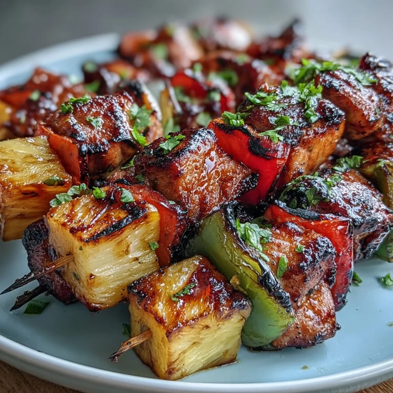 Savory grilled chicken pineapple kabobs with bell peppers, perfect summer grilling recipe with charred edges and juicy bites.