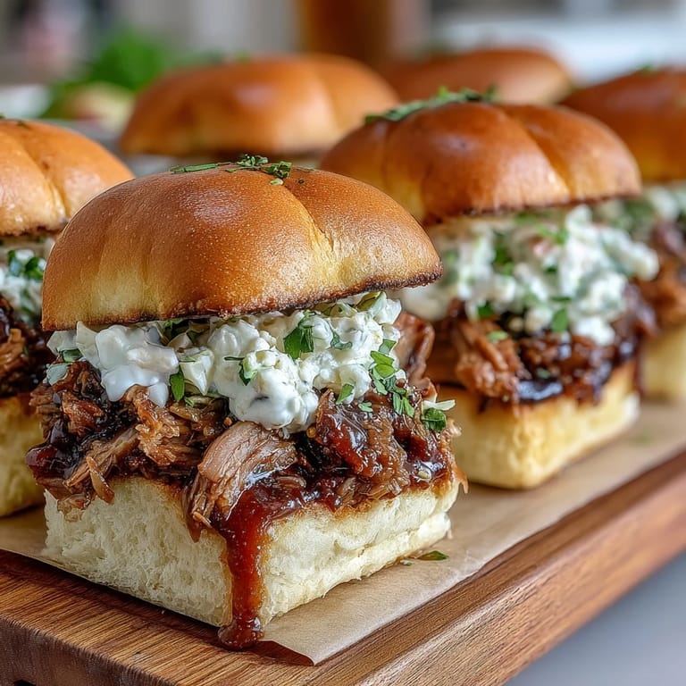 Juicy, slow-cooked pulled pork drenched in smoky barbecue sauce, nestled in slider buns and finished with crisp, tangy coleslaw for a perfect celebration bite.