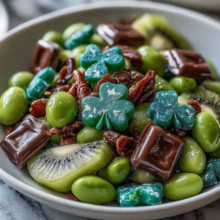 Creative St. Patrick's Day snack board showcasing a rainbow of green produce, cheeses, guacamole, and mint candies arranged for a festive party platter.