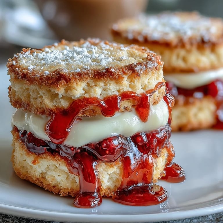Golden-brown shortbread cookies with creamy clotted cream, sandwiched with vibrant raspberry filling and dusted with powdered sugar.  