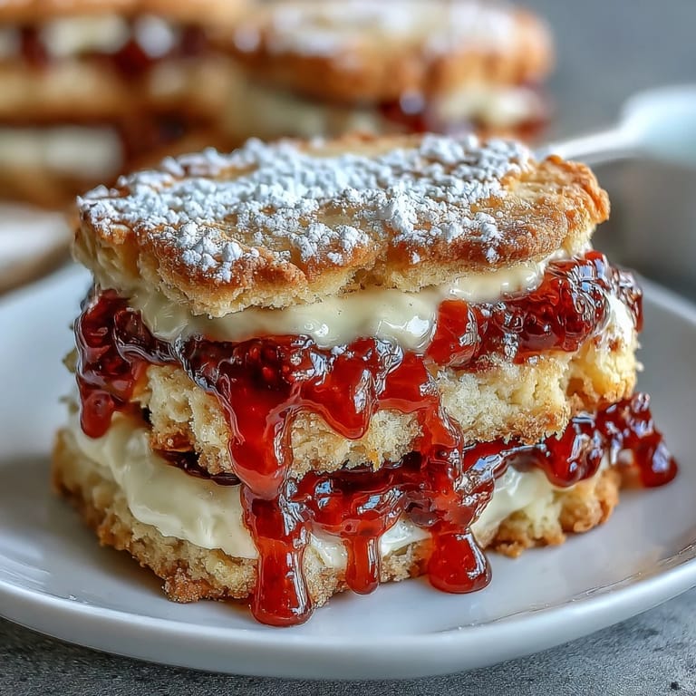 Delicate clotted cream shortbread cookies with tangy raspberry filling, perfect for an elegant British-inspired dessert spread.