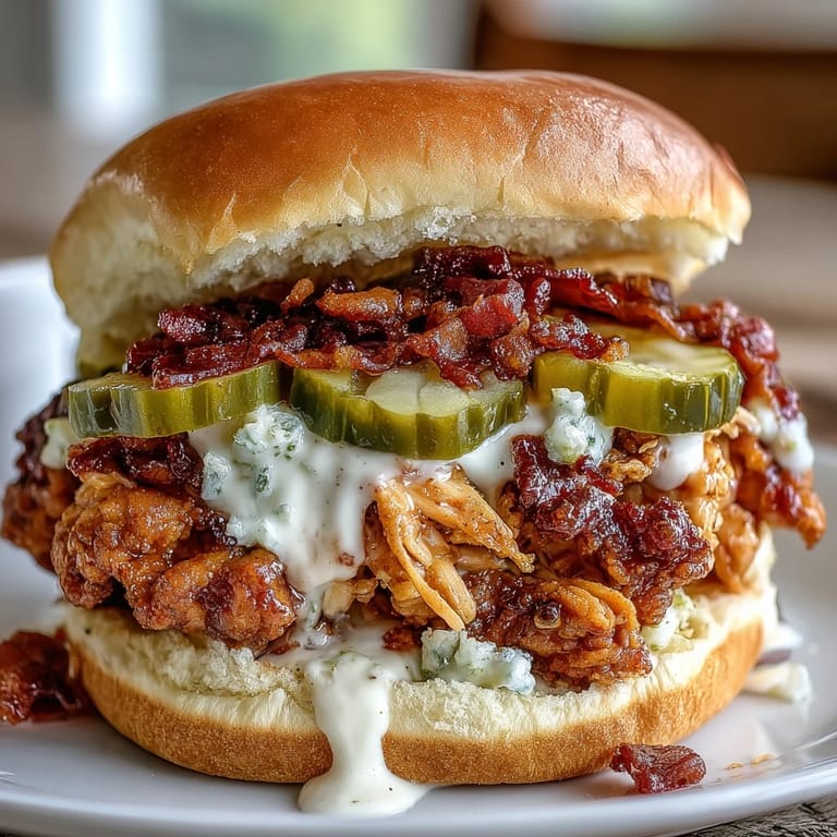 Slow-cooked shredded chicken with ranch seasoning and pepperoncini, served on toasted buns and topped with crisp, zesty pickles.  